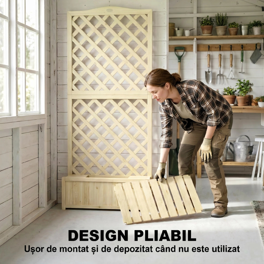 Fioriera con Griglia Legno Pieghevole Doppio Vaso per Piante Rampicanti ¨C Xylo ¨C 73x70x170 cm Naturale
