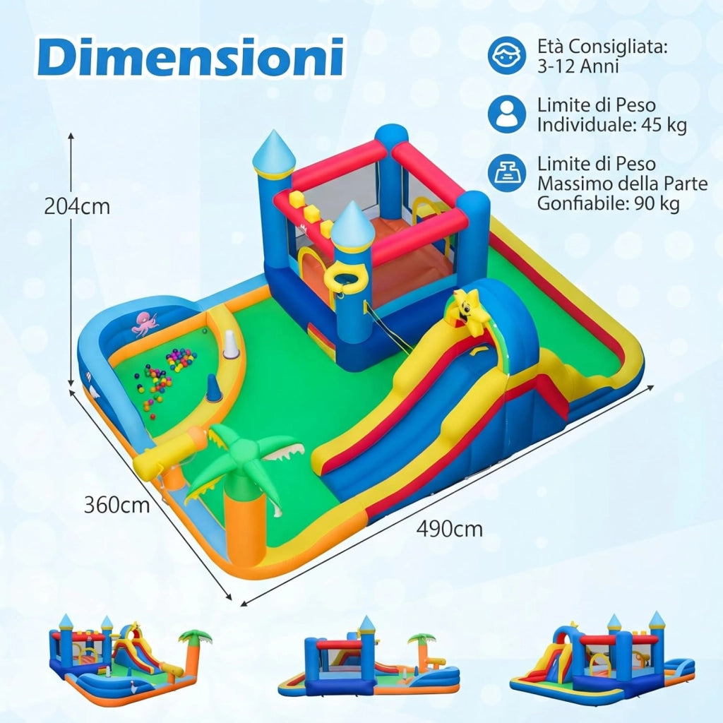 Castello Gonfiabile per Bambini, Grande Parco Acquatico per Bambini con Piscina, Scivolo, Parete d'Arrampicata, Palline Oceaniche e Gioco degli Anelli, per Bambini 3-12 Anni