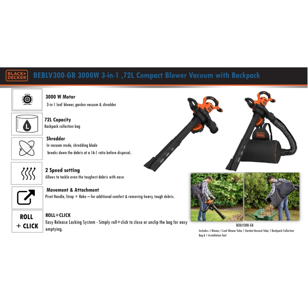 Soffiatore Aspiratore Trituratore Black Decker BEBLV300 Qs 3000 w