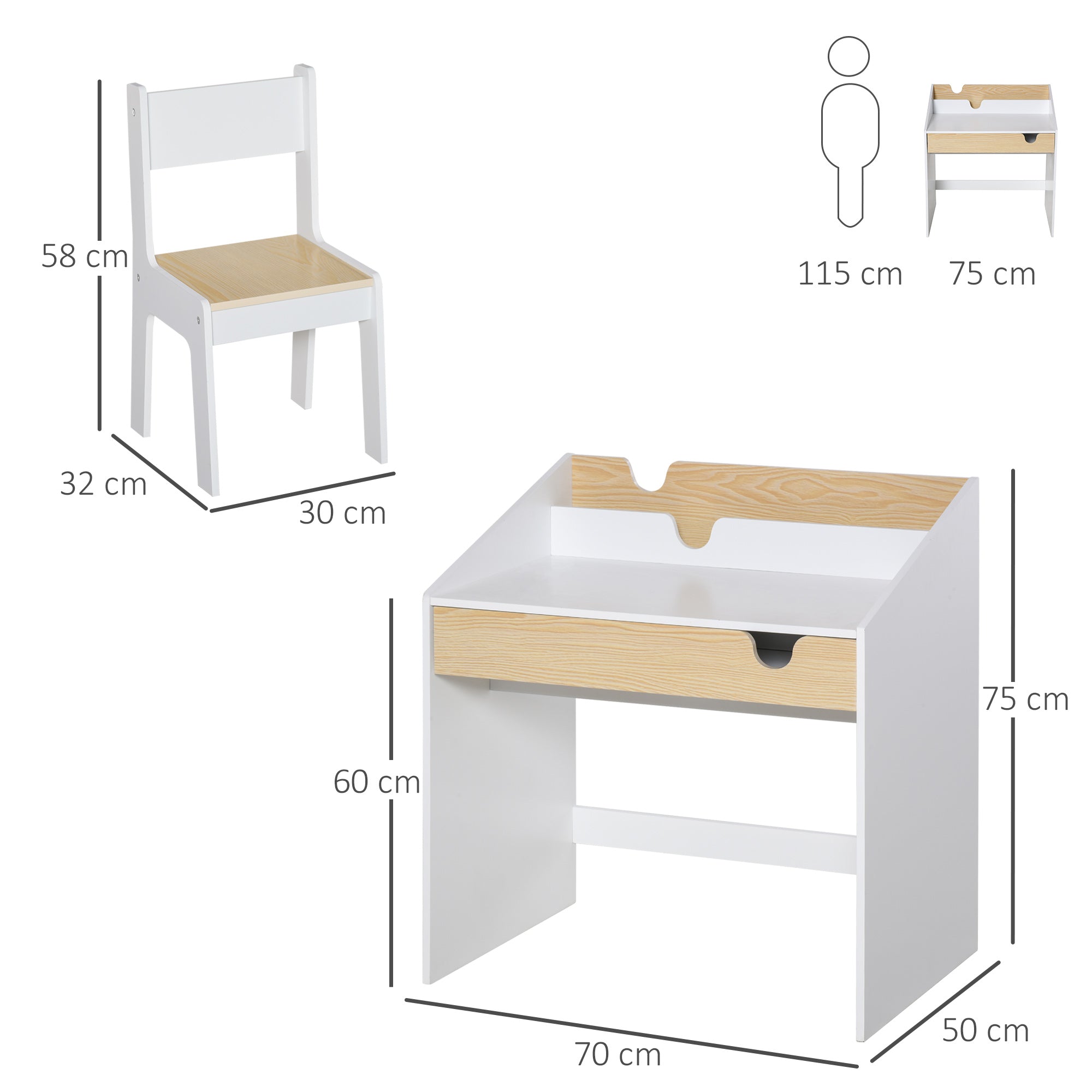 Set Scrivania e Sedia per Bambini con Cassetto e Scaffale in MDF Bianco e Legno