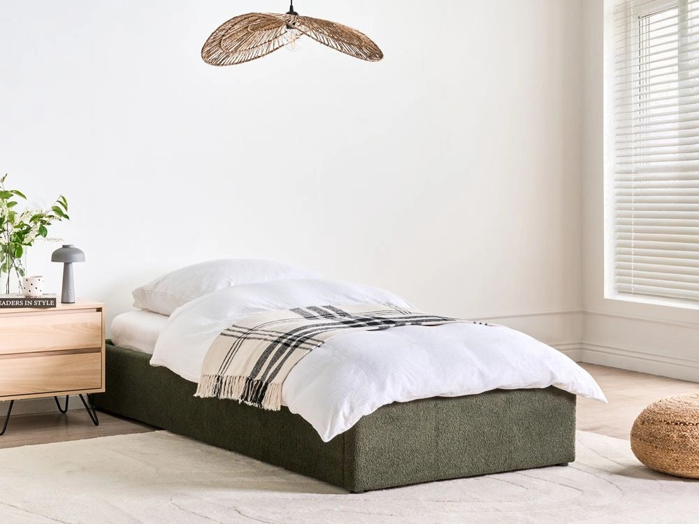 Letto singolo con contenitore in tessuto bouclè verde scuro 90 x 200 cm portaoggetti stile moderno