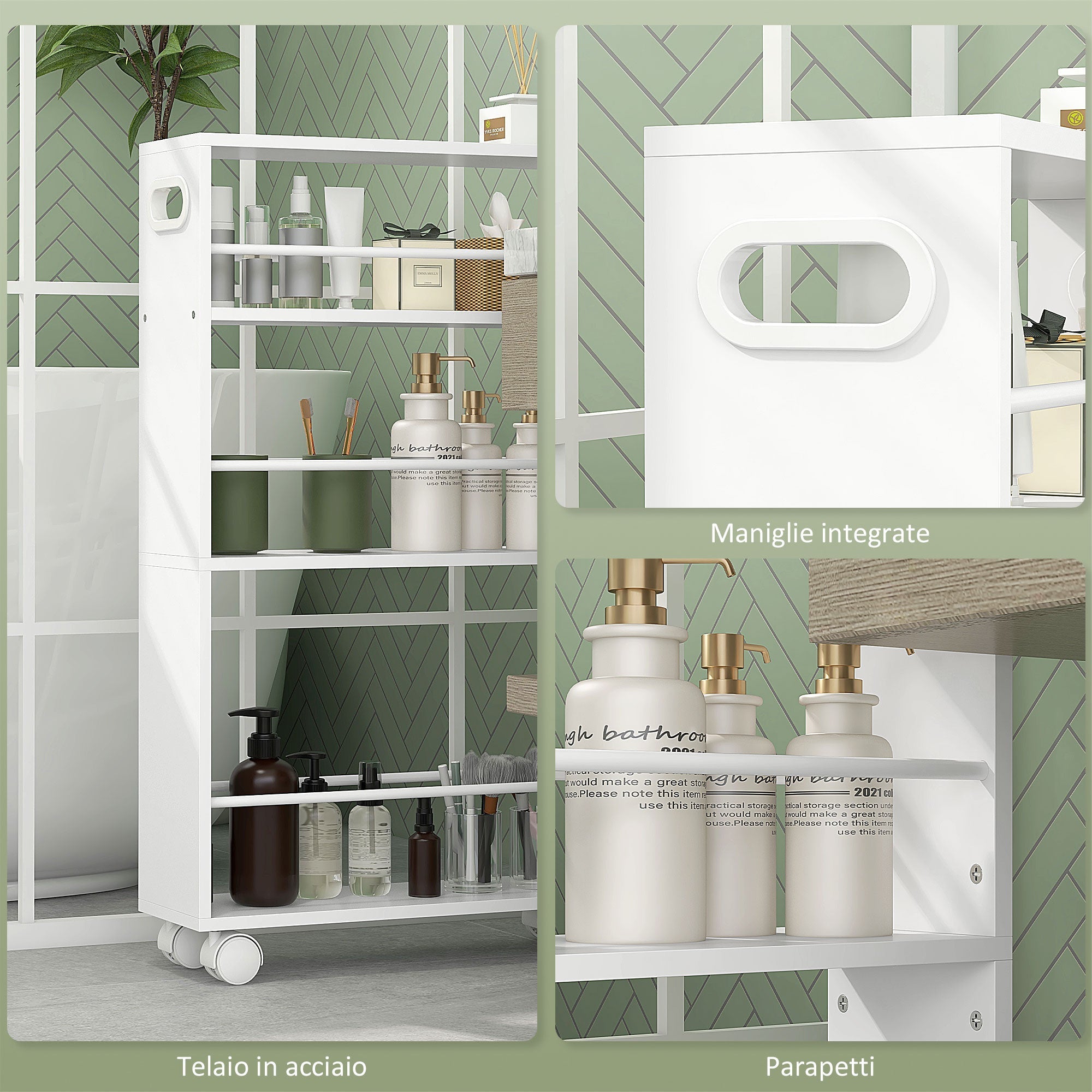 Mobiletto Salvaspazio da Bagno Carrello a 3 Livelli con Ruote e Freni Bianco