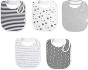 Slabbetti per bambini in 100% cotone biologico, confezione da 5 pezzi, asciugamano assorbente retro, slabbetti per bambini maschi e femmine, con 4 bottoni regolabili, 0-36 mesi.