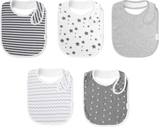 Slabbetti per bambini in 100% cotone biologico, confezione da 5 pezzi, asciugamano assorbente retro, slabbetti per bambini maschi e femmine, con 4 bottoni regolabili, 0-36 mesi.