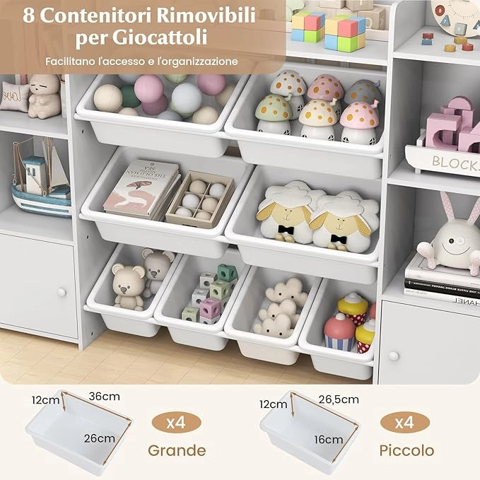 Organizer Giocattoli per Bambini, Scaffale di Legno a 4 Livelli con 8 Cestini Removibili, Armadio di Stoccaggio, per Camera dei Bambini Asilo, 142x30x100 cm