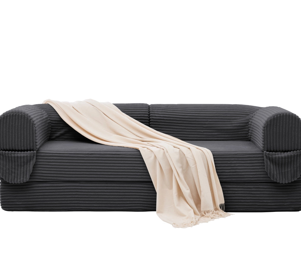 Divano letto 2 posti convertibile in tessuto corduroy, design salvaspazio con struttura bassa, grigio