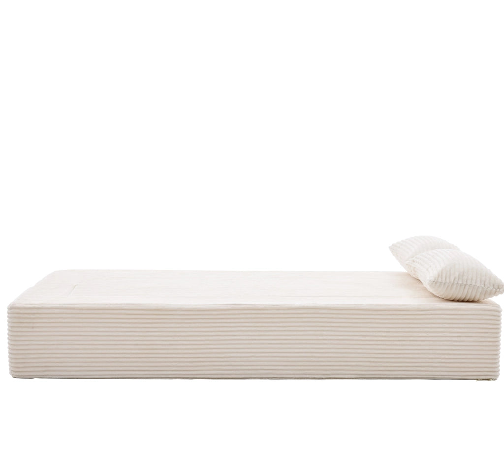 Divano letto modulare a terra 3 posti in tessuto a coste con funzione letto e 2 cuscini, senza montaggio, beige