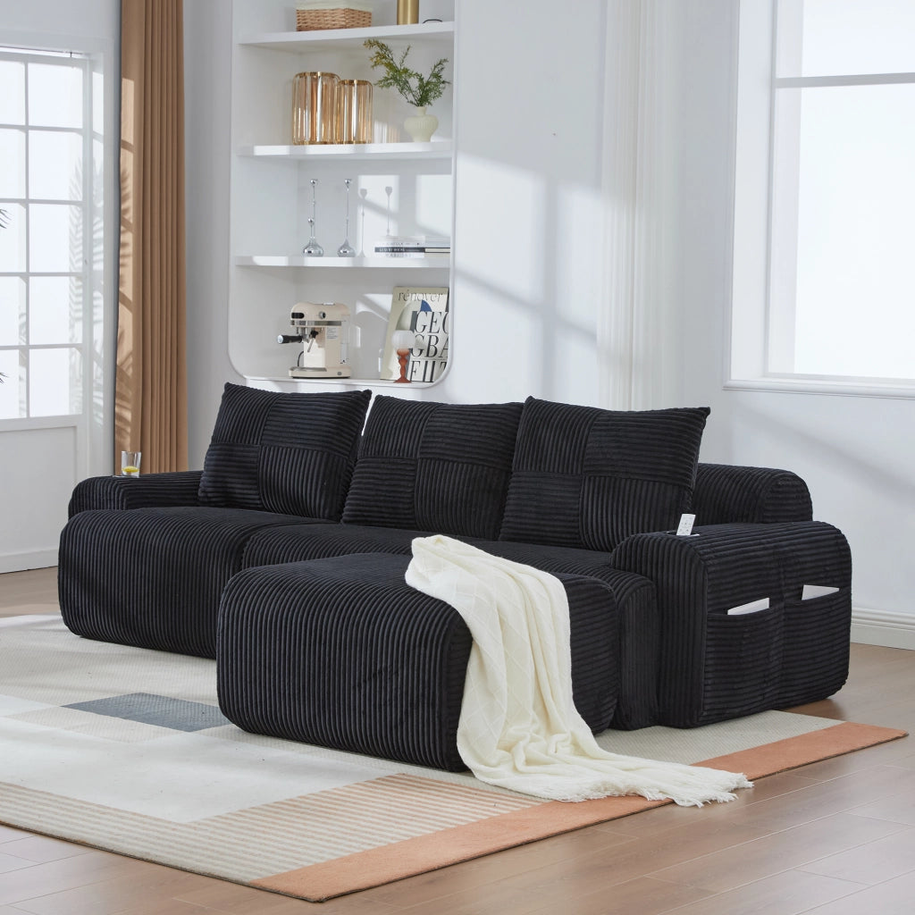 Divano modulare 3 posti in corduroy nero con portabicchieri e tasca laterale, 268x174x80 cm