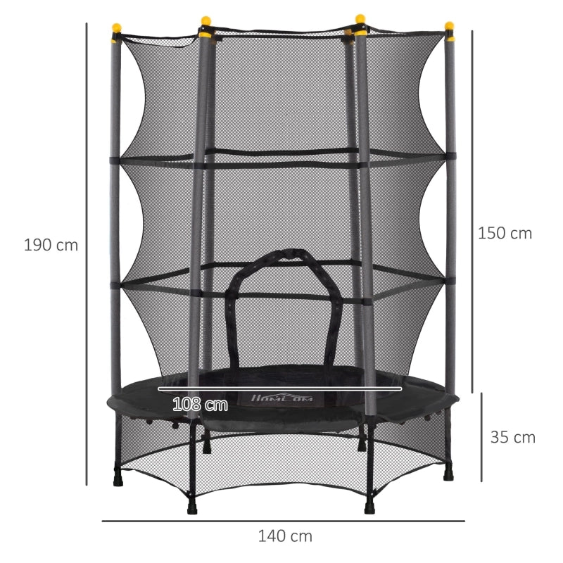 Trampolino per bambini con rete di sicurezza in plastica nera per uso interno ed esterno 140 × 140 × 190 cm