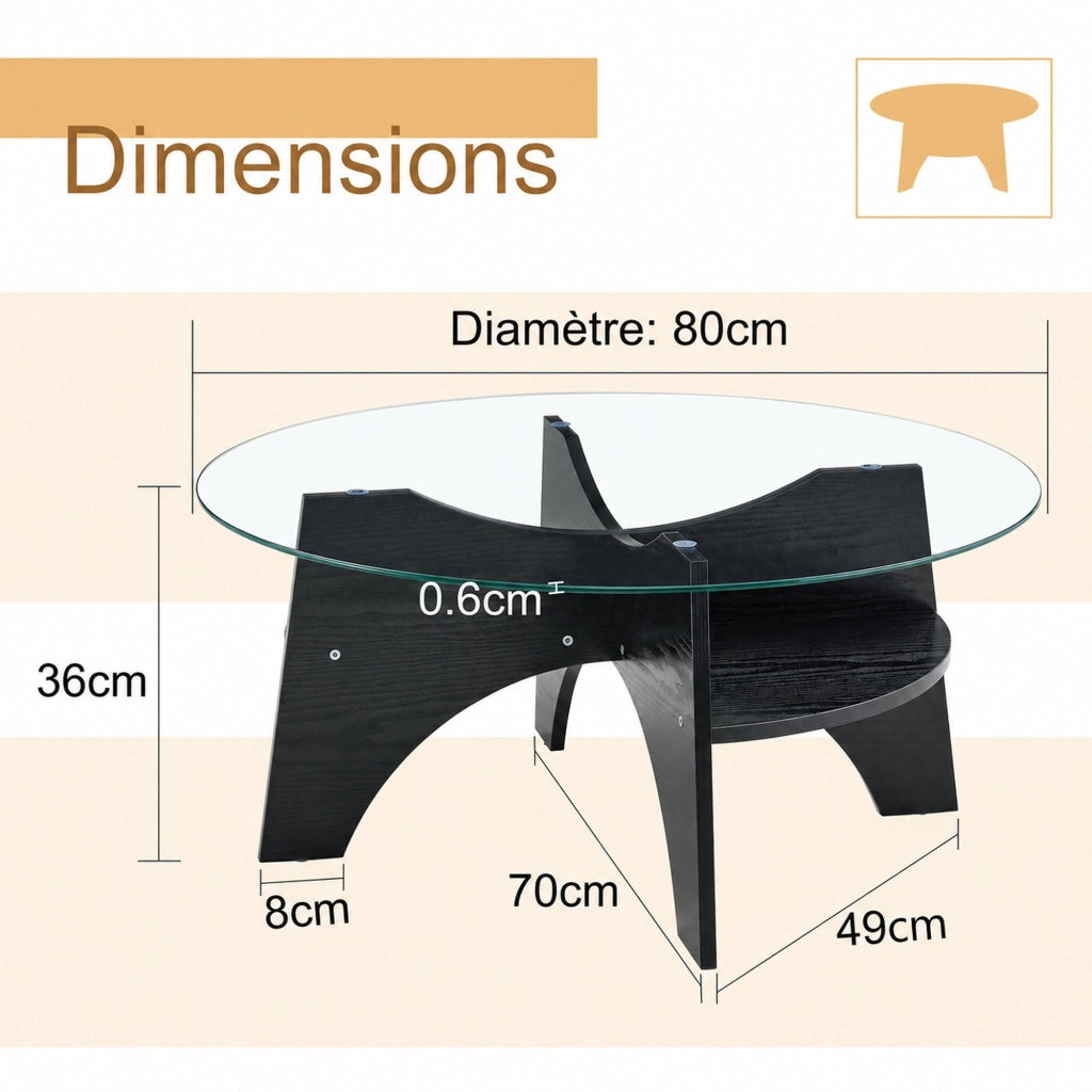 TAVOLINO ROTONDO 80x36 cm in vetro temperato e MDF nero