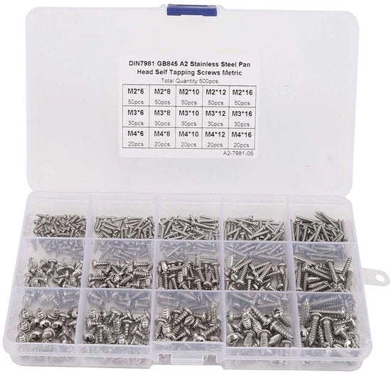 Assortimento di viti M2/M3/M4 in acciaio inossidabile - 500 pezzi - contenitore riutilizzabile - corrosione resistente - set a viti.