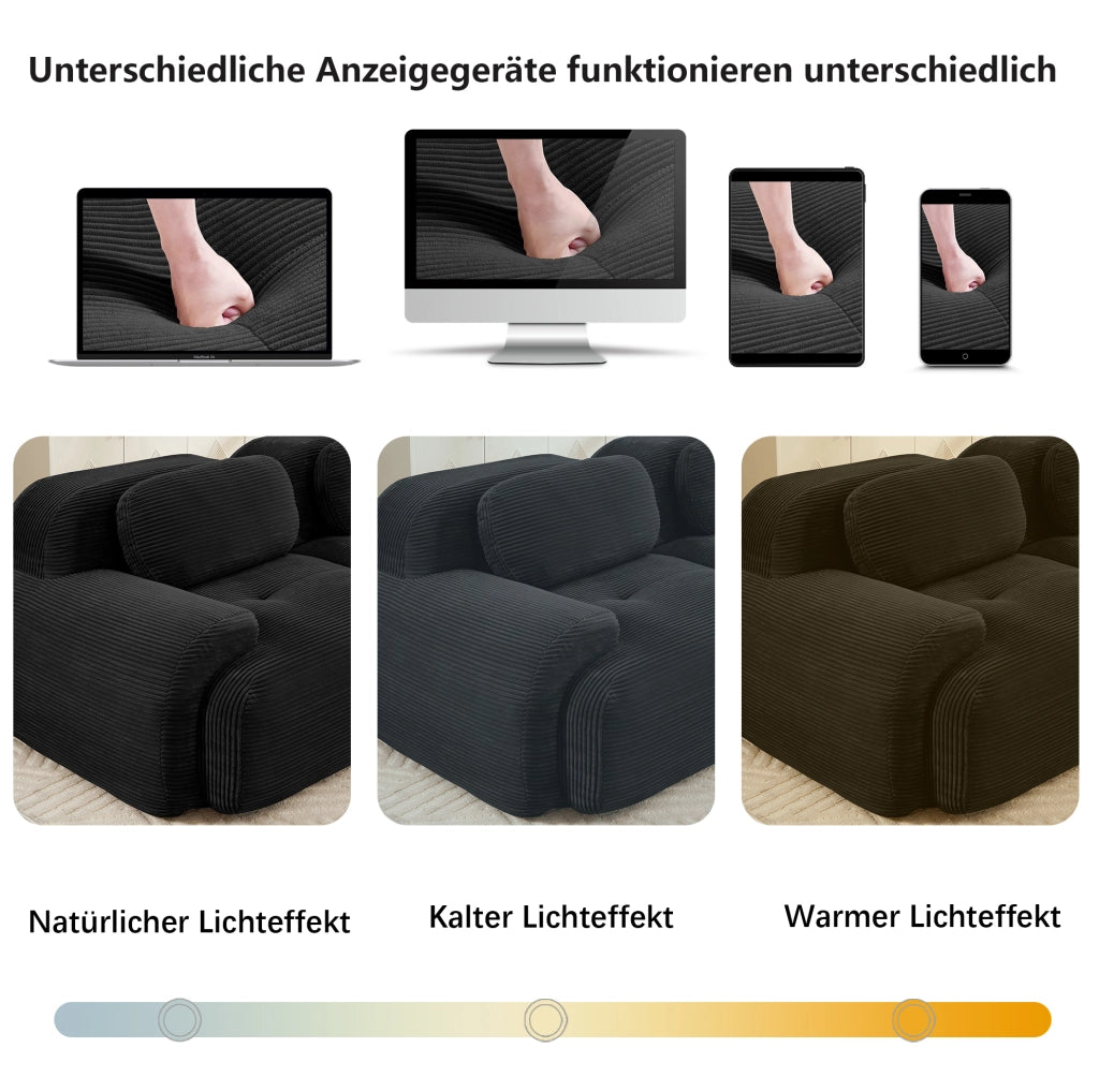 Divano angolare modulare 4 posti con chaise longue 388x178x70 cm in velluto a coste nero