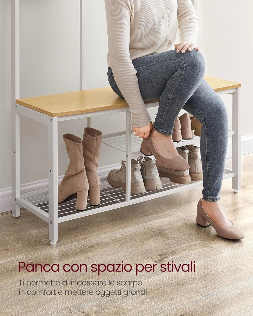 VASAGLE Appendiabiti, Mobile Ingresso con Ganci, Specchio, Panca Scarpiera e Ripiani, 36 x 98 x 185 cm, Corridoio Camera da Letto Salotto, Color Rovere e Bianco HSR050W09