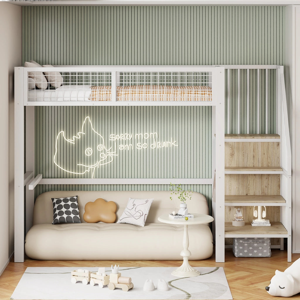 LETTO A CASTELLO 90x200 cm in metallo bianco con scala e armadio