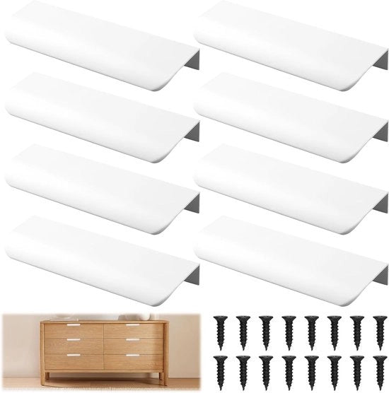 Set di 8 Manigoldi Nascosti con Viti, 120mm Manigoldi di Mobili Moderni, Alluminio Bianco, Apriporte Invisibili, Manigoldi per Decorazione Interna