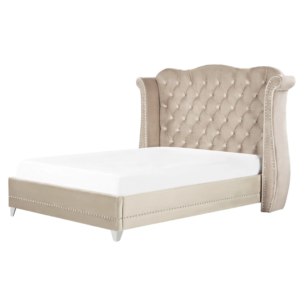 Letto in velluto color beige 160 x 200 cm testiera alta decorata con bottoncini stile retrò e tradizionale