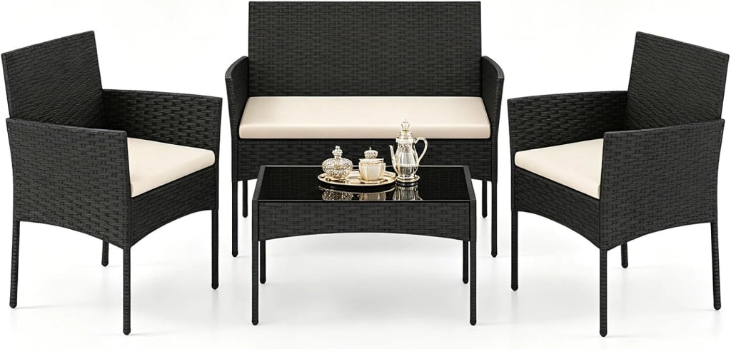 Salotto da Giardino 4 Pezzi, Set da Esterno in Rattan con 1 Divano 2 Posti, 2 Poltrone, 1 Tavolino in Vetro Temperato, Set Mobili da Giardino con Cuscini per Balcone, Terrazzo (Nero)