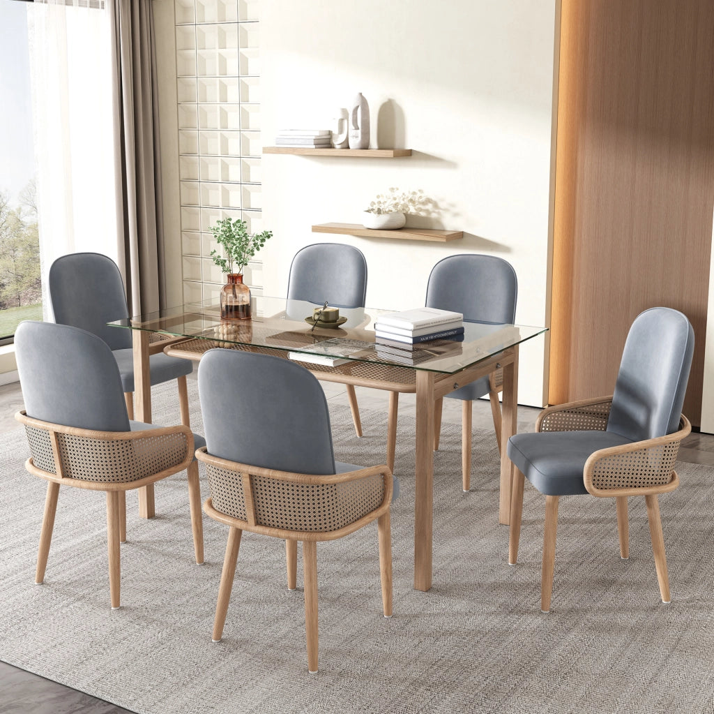 Set di 4 sedie da pranzo in velluto con design rattan e gambe in metallo grigio