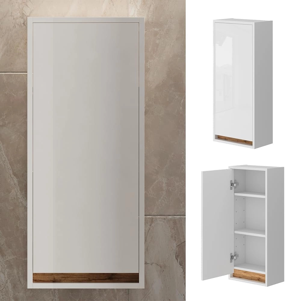 Mobile bagno Detmold, Bianco lucido/oro power oak, 81.6 x 35 cm con porta, adatto per montaggio a parete e combinabile con la serie Detmold
