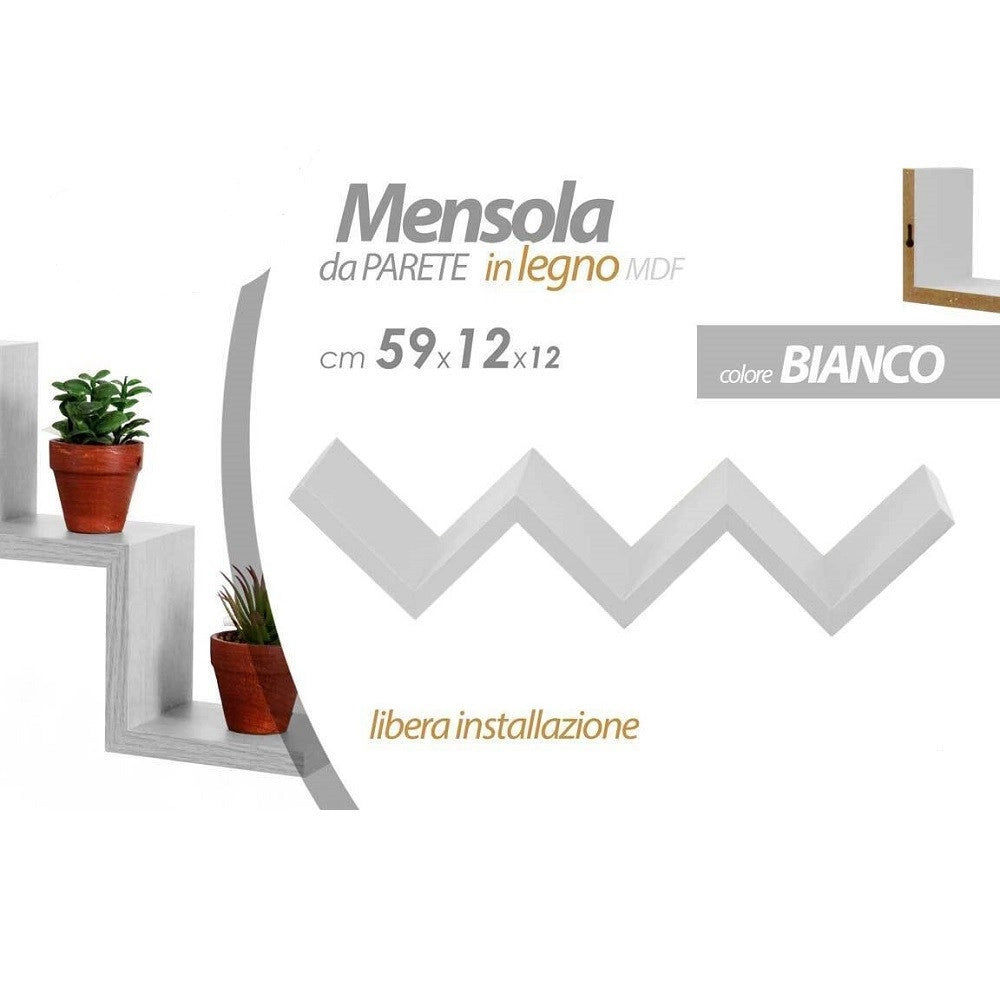 Trade Shop - Mensola Da Parete Scala Scaletta In Legno Mdf Bianco Zig Zag 59x12x12 Cm 621765 -
