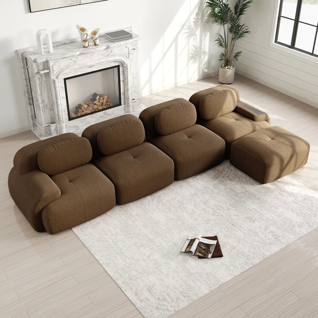Divano angolare modulare 4 posti - con chaise longue e braccioli ampi - in velluto a coste marrone