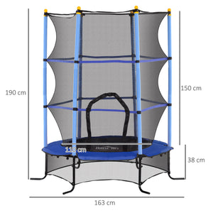 Tappeto Elastico per Bambini Ø163x190 cm con Rete di Sicurezza e Pali Imbottiti Età 3-10 Anni Blu