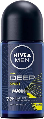 NIVEA MEN DEEP SPORT DEODORANTE ROLL-ON 50 ML UOMO ARRICCHITO CON CARBONE ATTIVO PER 72H DI PROTEZIONE