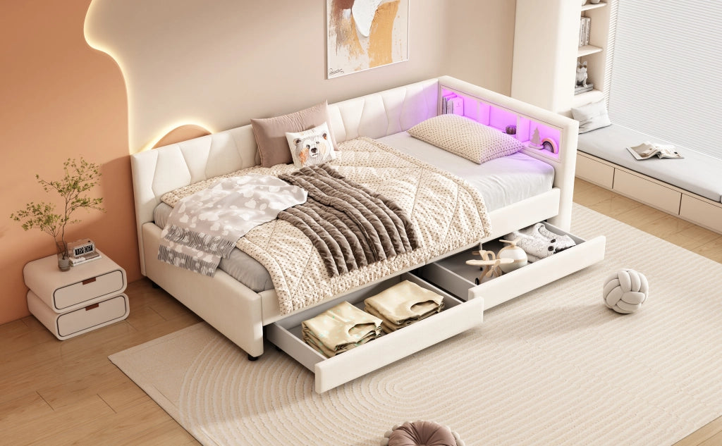 DESMIU Letto a giorno 90 × 200 cm 1 posto con LED, USB e Type-C, 2 cassetti, senza materasso, in lino, beige