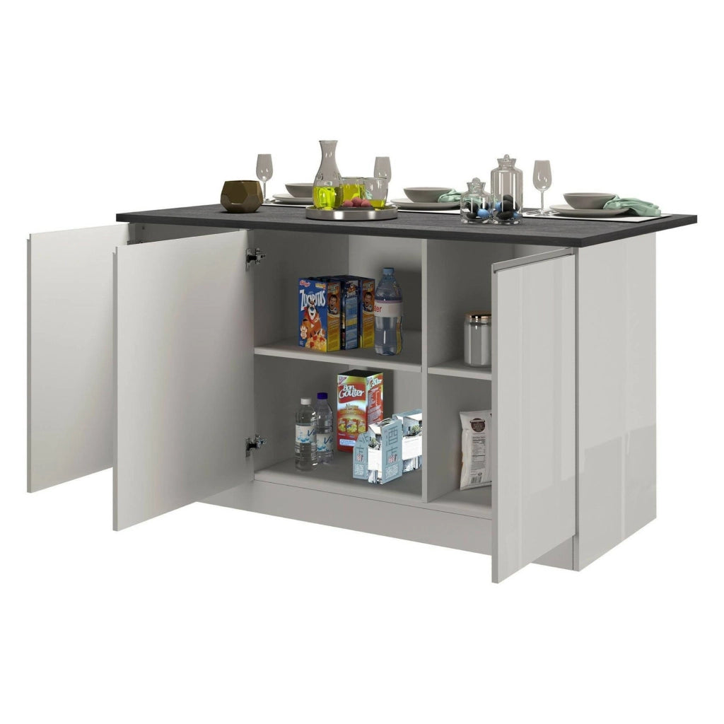 Isola da cucina Tartaro, Tavolo ausiliario portaoggetti, Mobile da cucina a 3 ante, 100% Made in Italy, 155x90h90 cm, Bianco lucido e Ardesia