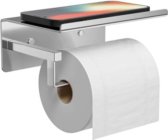 Sostegno per carta igienica con pannello, contenitore per carta igienica, cromato, contenitore per carta igienica, adesivo a secco, sostegno per carta igienica senza perforazione, contenitore per carta igienica per la doccia, in acciaio inossidabile