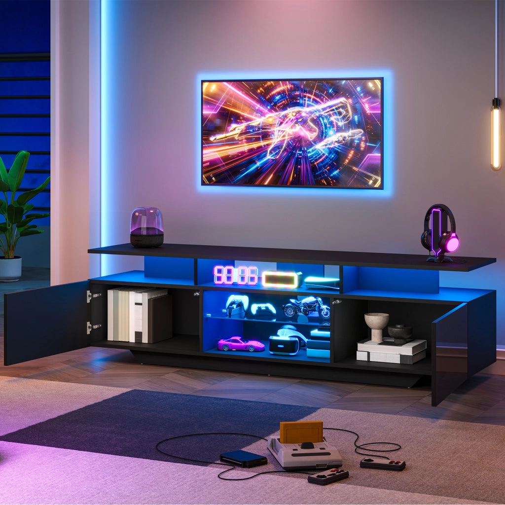 Mobile TV con 2 ante e 8 vani; illuminazione LED - per soggiorno - 160×40×45 cm - nero