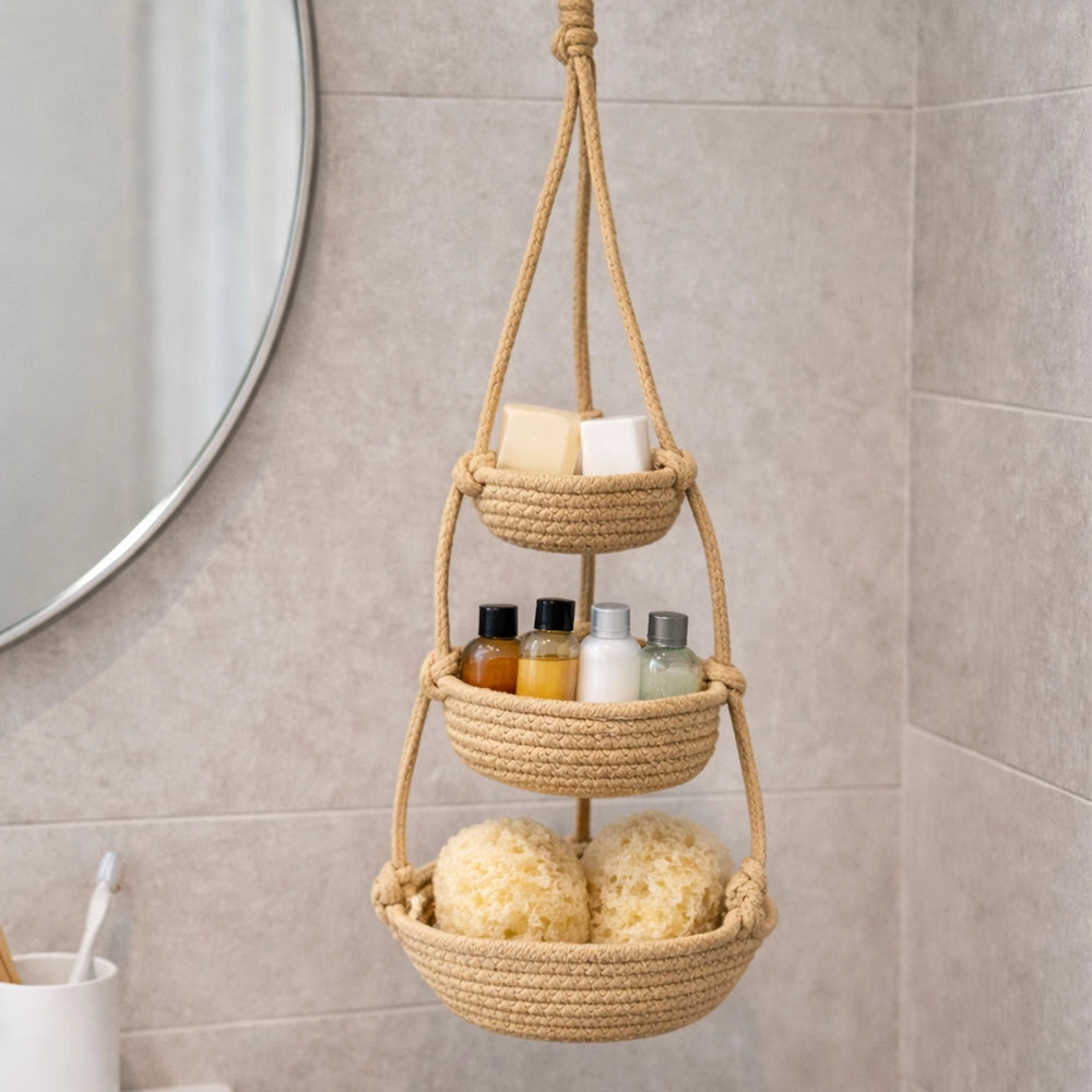 Vaso Pensile Triplo in Corda Beige Porta Piante Sospeso h70 cm