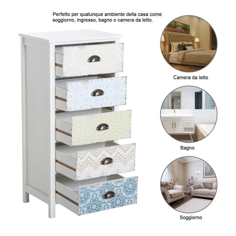 CASSETTIERA MOBILETTO VINTAGE CON 5 CASSETTI FANTASIA 46X34X97.5CM