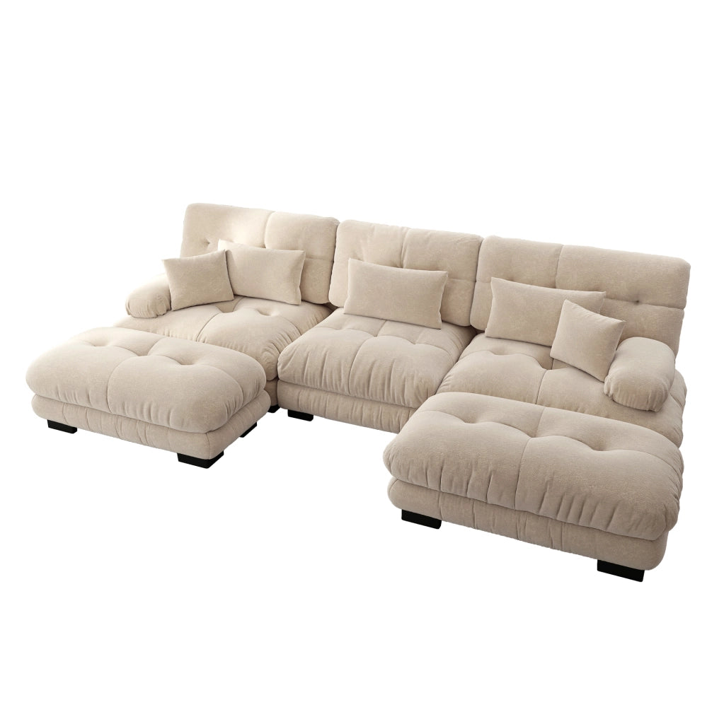Divano angolare modulare U 313x145x81 cm in chenille beige chiaro con ottoman –