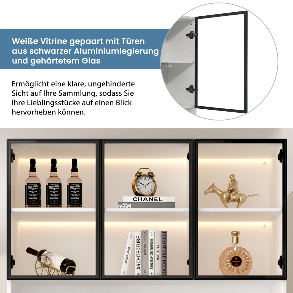 Vetrina alta LED bianca con ante in vetro e cornice nera, 200 cm