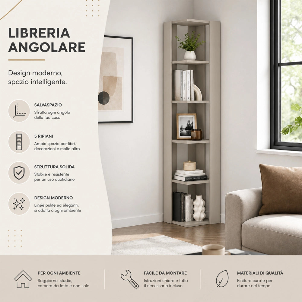 Libreria Angolare 5 Ripiani in Legno Sabbia Scaffale Salvaspazio 34x34x161cm