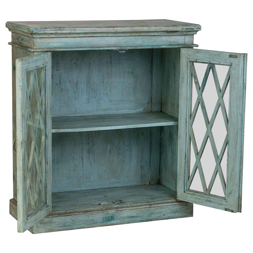 Credenza in legno e vetro con 2 ante, blu 90x40x100h cm