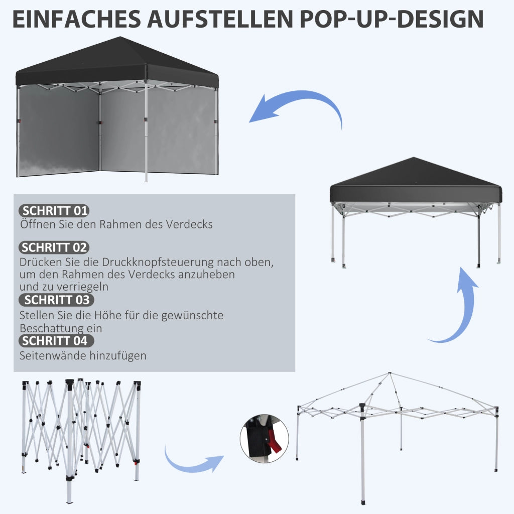 Gazebo pieghevole con 2 pareti laterali ¨C zephmum ¨C 3x3 m, nero, acciaio inox