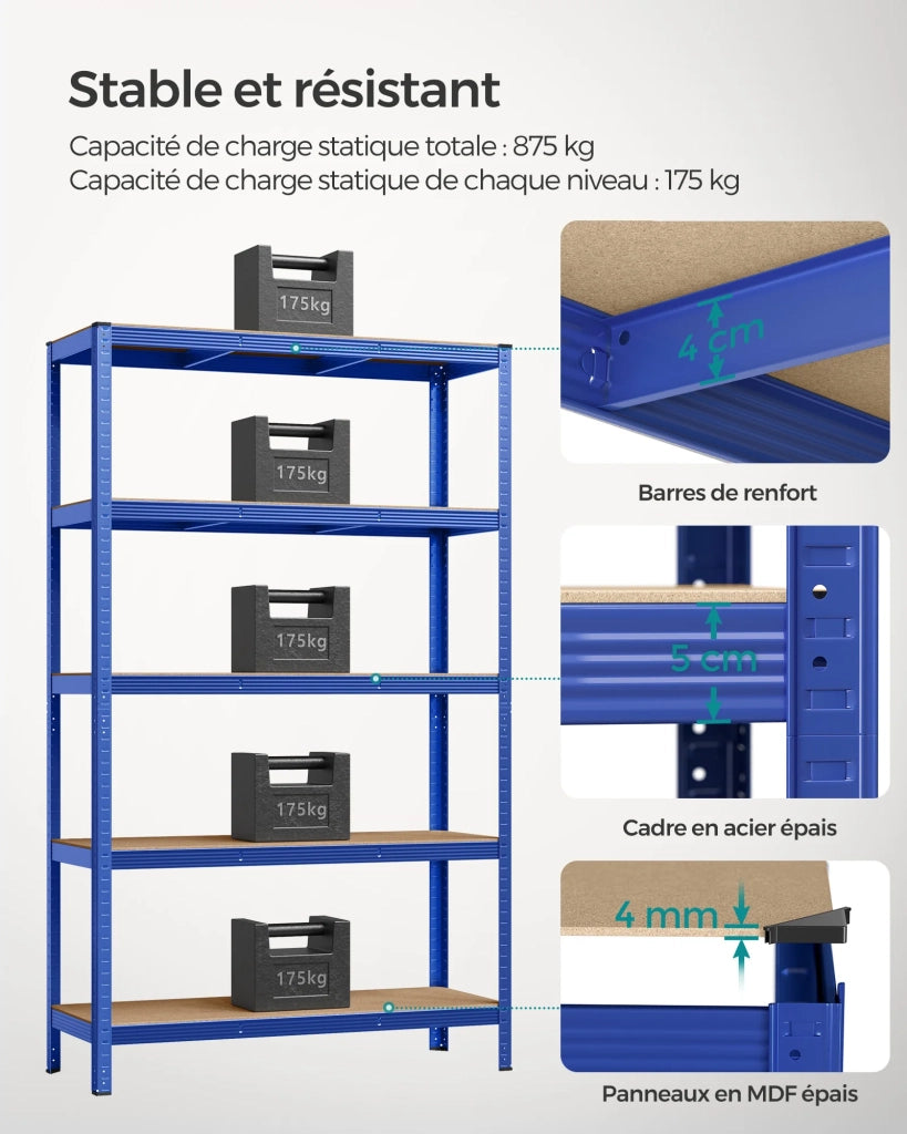 Scaffale per carichi pesanti a 5 ripiani armadio portaoggetti in acciaio 60 x 120 x 200 cm montaggio senza attrezzi ripiano da garage per cassette degli attrezzi capacità di carico 875 kg blu 12_0005575