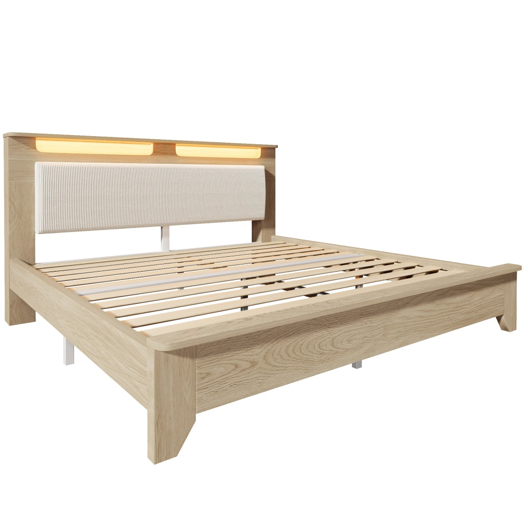 Letto matrimoniale 160x200 cm in effetto rovere chiaro e corduroy beige con LED e contenitore