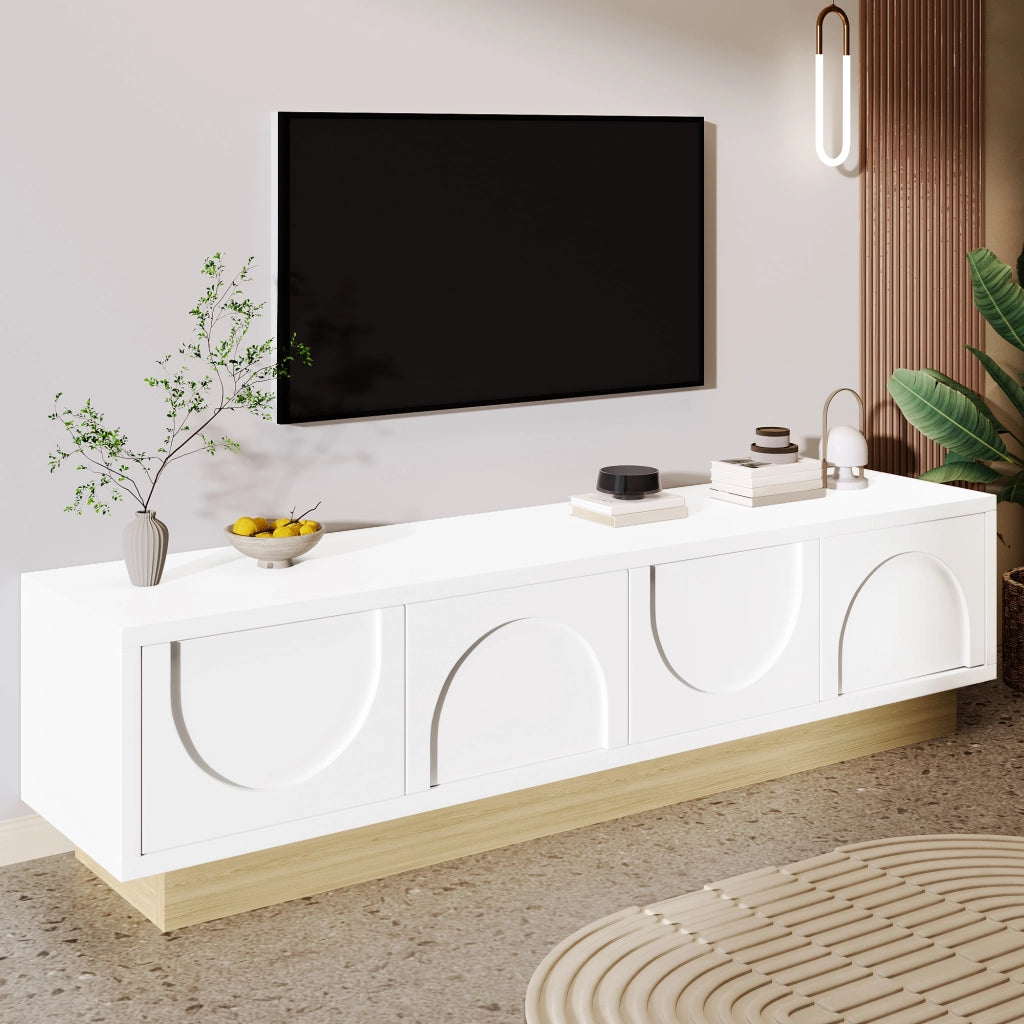 Mobile porta tv bianco con 4 ante e 2 ripiani, design curvo, per soggiorno, in MDF, 175 × 40 × 41,5 cm