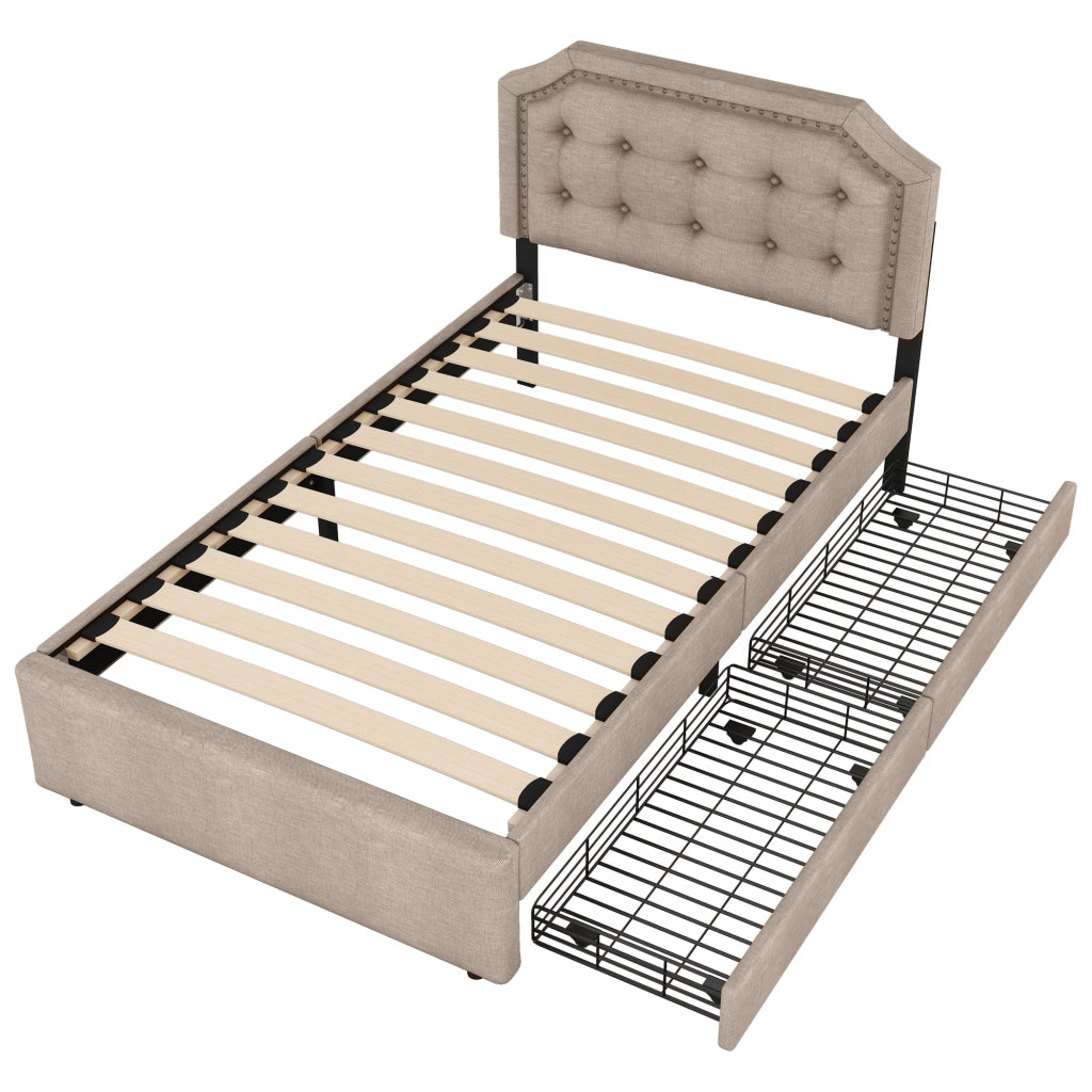 OKWISH Letto Singolo 90×200 cm con 2 Cassetti, Testiera Regolabile e Borchie Decorative, senza Materasso, in MDF, Beige