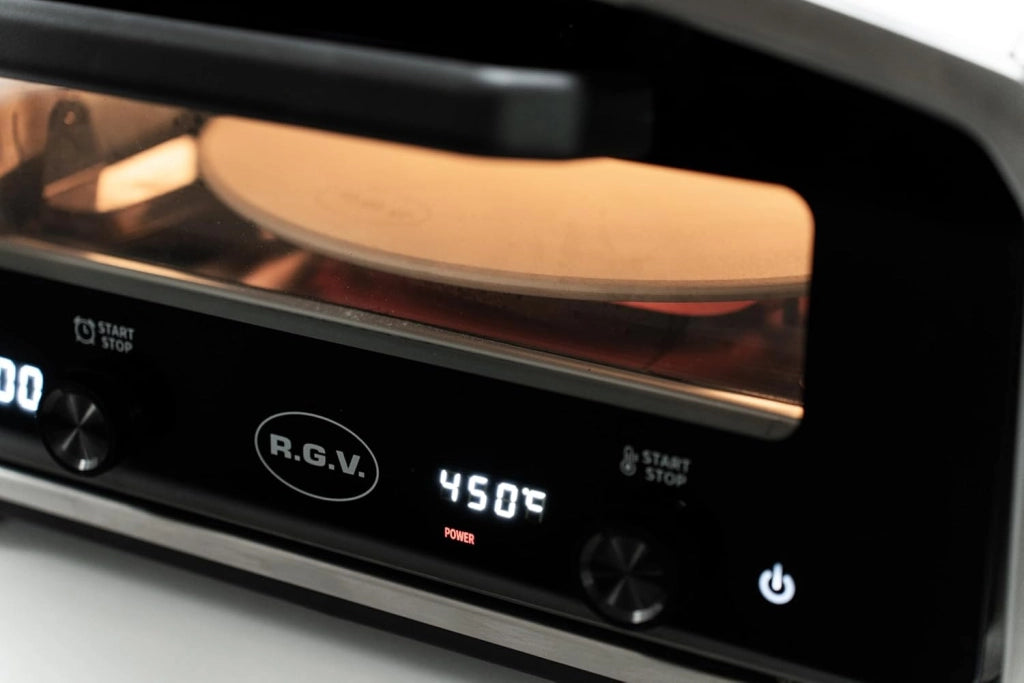Rgv vulcano forno elettrico per pizza, piatto girevole, apertura a slitta, temperatura 450°c, pizza pronta in 2 minuti