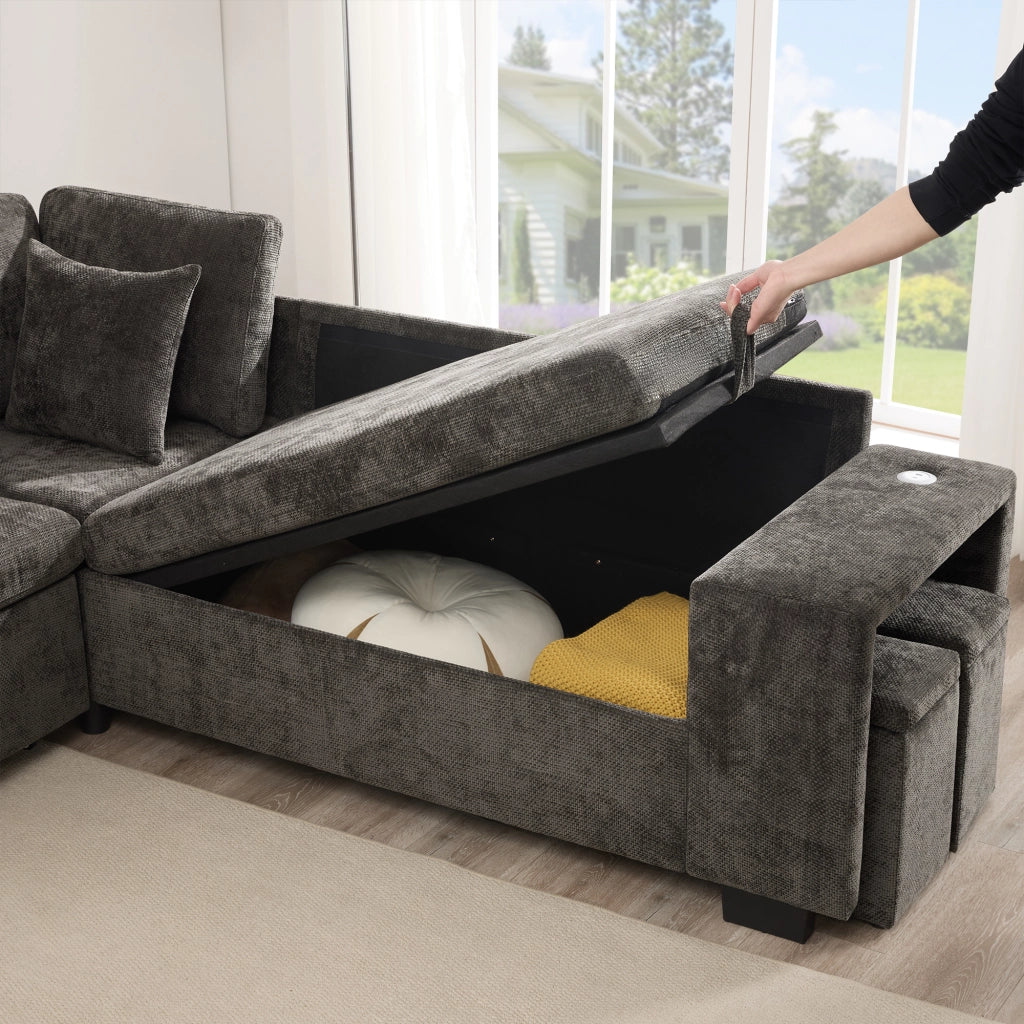 DIVANO ANGOLARE LETTO 220x205x86,5 cm Chenille Grigio con Pouf e 4 Cuscini