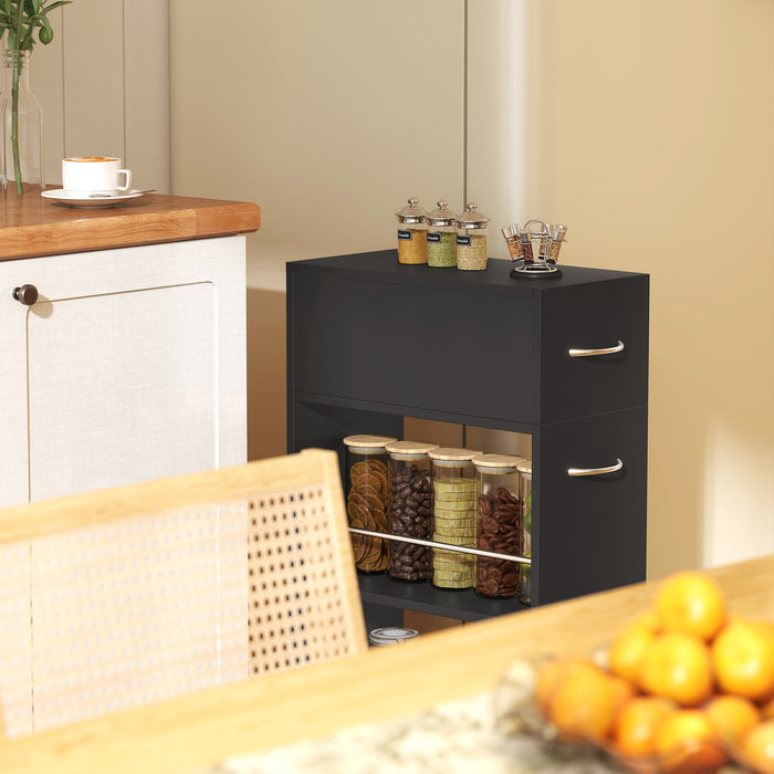 Carrello da Cucina 25x50x85 cm 2 Ripiani Aperti Cassetto e Parapetti in Legno e Acciaio Inox Nero