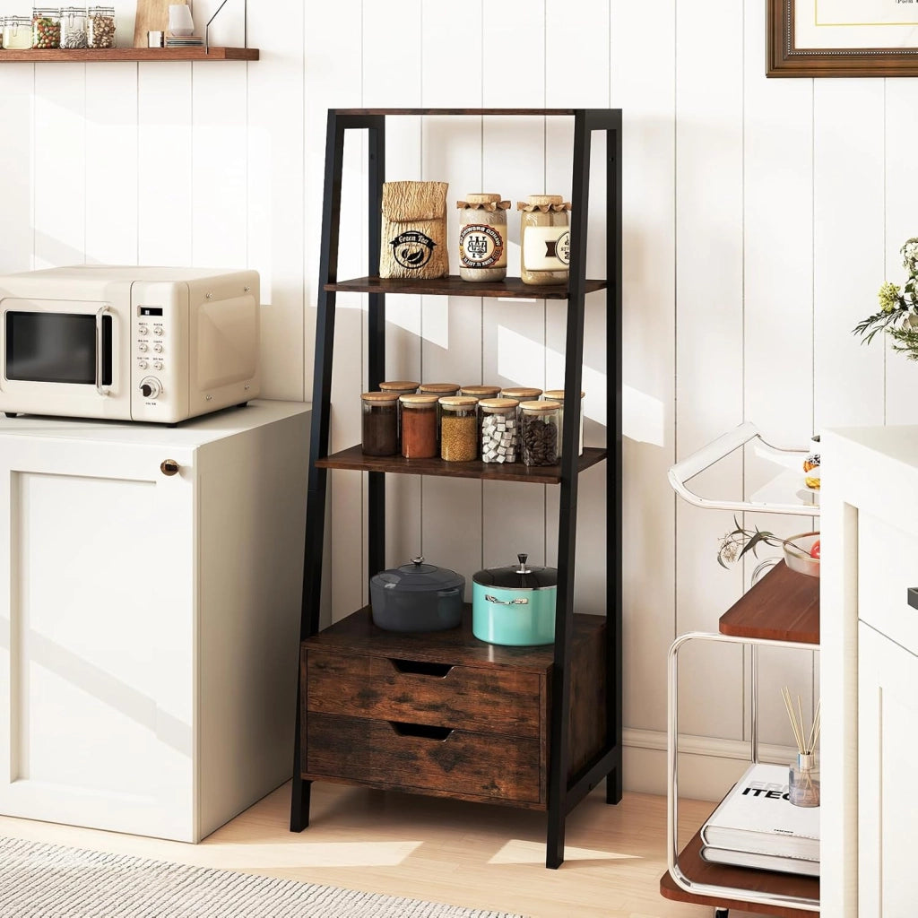 Scaffale a Scala, Libreria in Legno a 4 Ripiani con 2 Cassetti, Scaffale Salvaspazio da Terra per Camera da Letto, Studio, Ufficio e Soggiorno, 52 x 39,5 x 134 cm (Marrone)