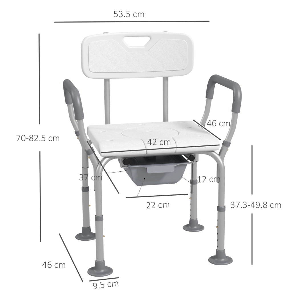 Sedia da Doccia 3 in 1 con Schienale e Braccioli. Altezza Regolabile e Piedini Antiscivolo. Bianco