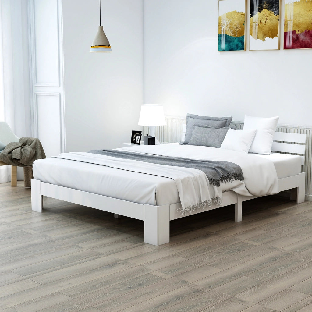 DESMIU Letto Matrimoniale 140 × 200 cm con testiera, senza materasso, in legno massiccio, bianco