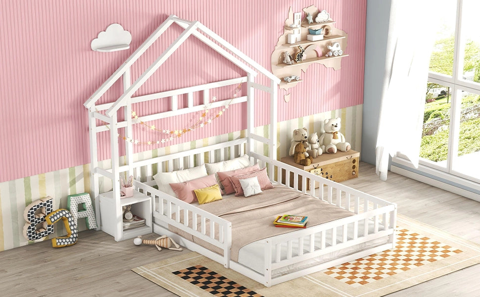 DESMIU Letto a Casetta per Bambini 140 × 200 cm 2 Posti con Sponda e Comodino, Senza Materasso, Bianco