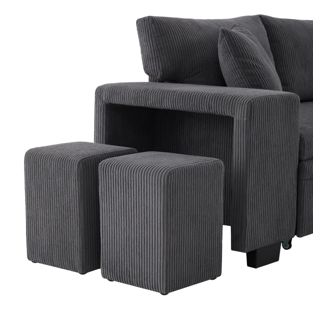 Divano letto angolare 3-4 posti in velluto a coste grigio con contenitore; USB e Type-C